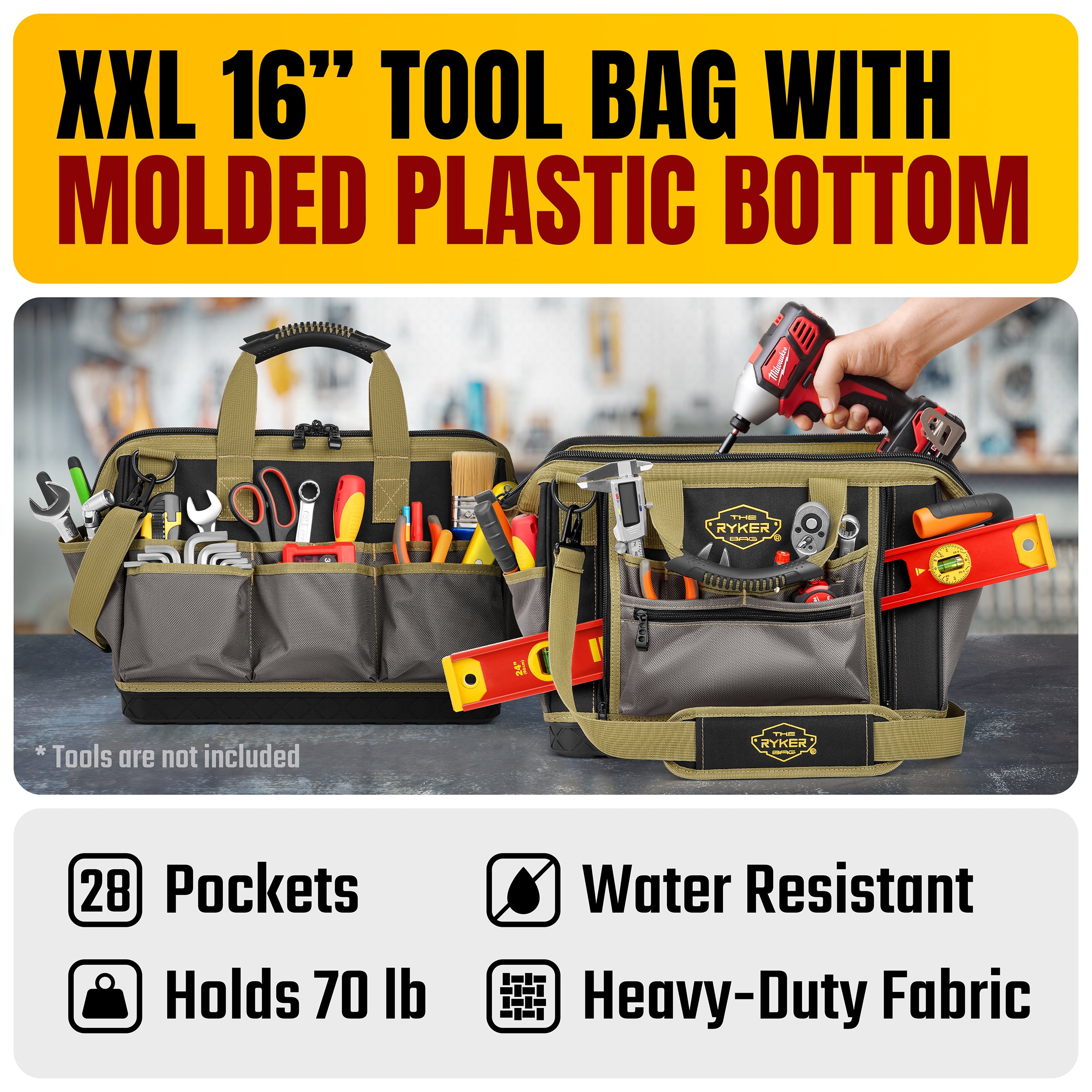 16-Inch Tool Bag Organizer. Heavy Duty Wide Mouth Tool Bag with molded bottom