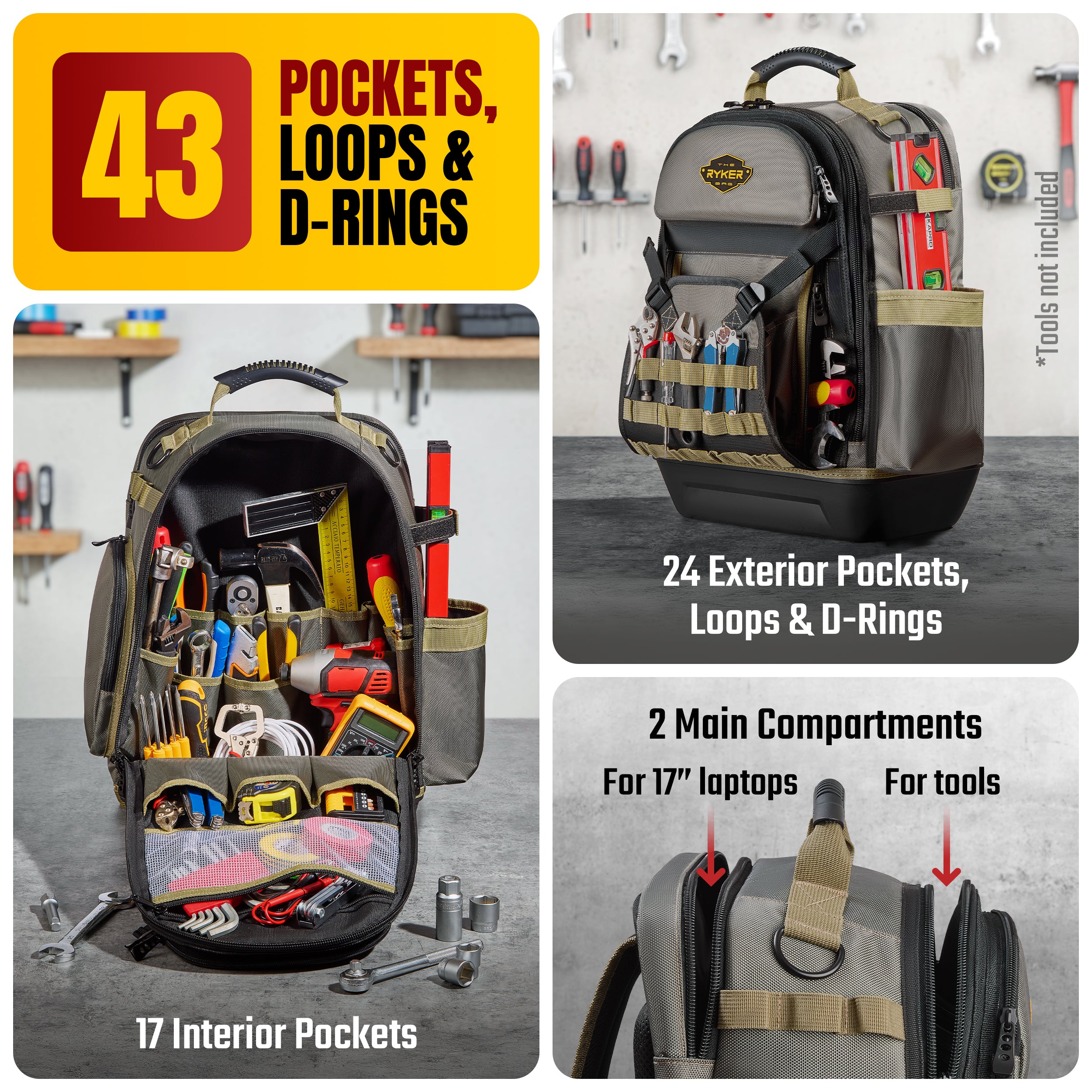 Heavy-Duty Tool Backpack with 48 Pockets, Padded Straps & Water-Resistant Tool Organizer – Ideal for Electricians, Plumbers & DIY Pros